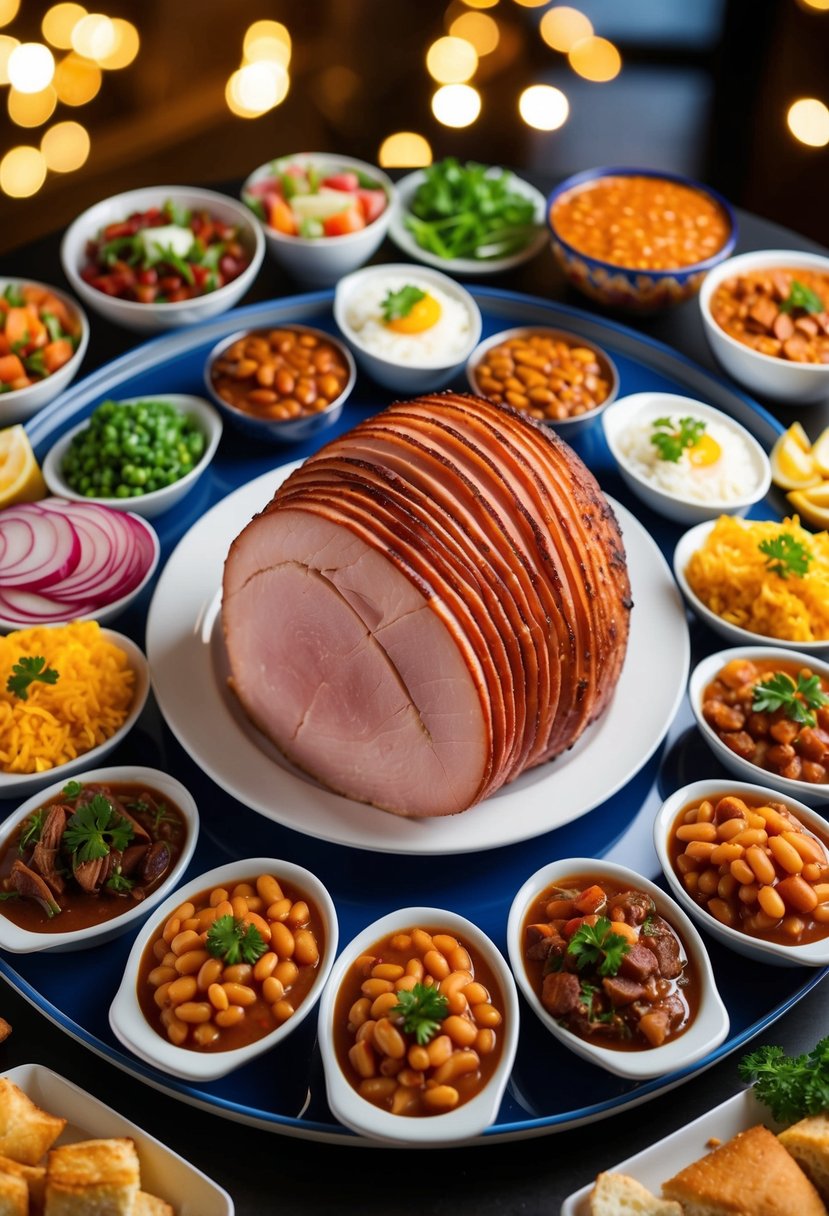 A plate of ham surrounded by 20 different side dishes, including baked beans, arranged in a colorful and appetizing display